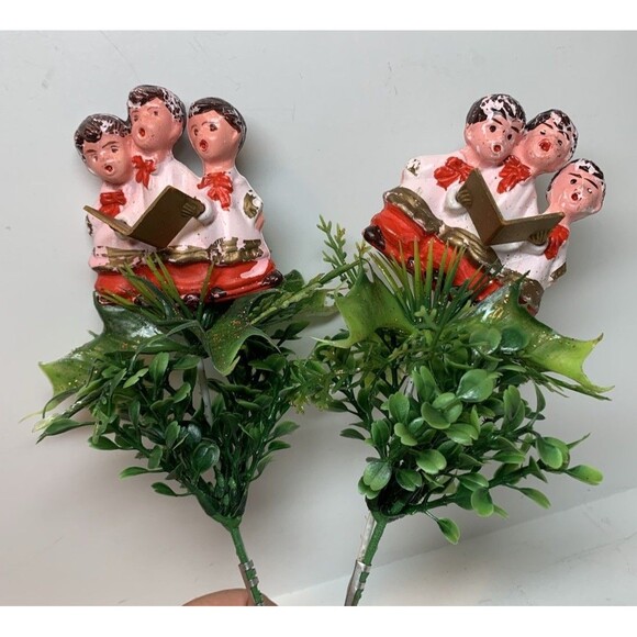 Vintage Christmas Floral Picks Choir Boys Lot Of Two Holiday Table Arrangement - Picture 1 of 5
